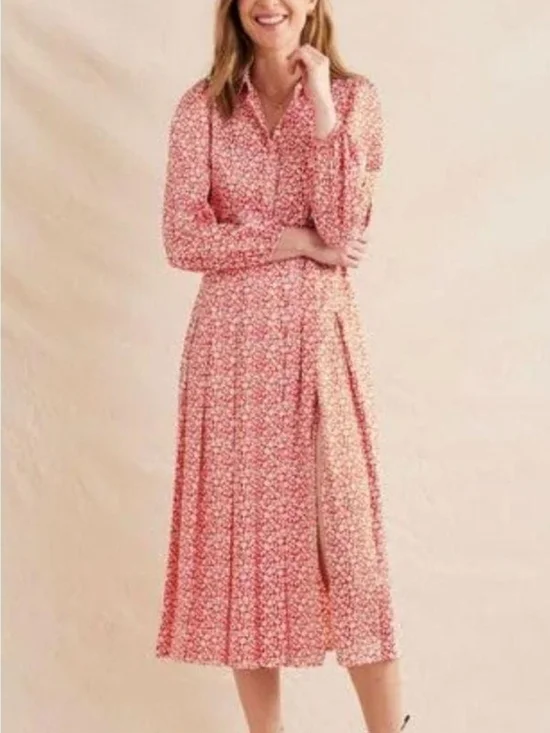 Boden Red Sateen Floral Button-Front Pleated Midi Dress - Size 14 - Picture 1 of 10